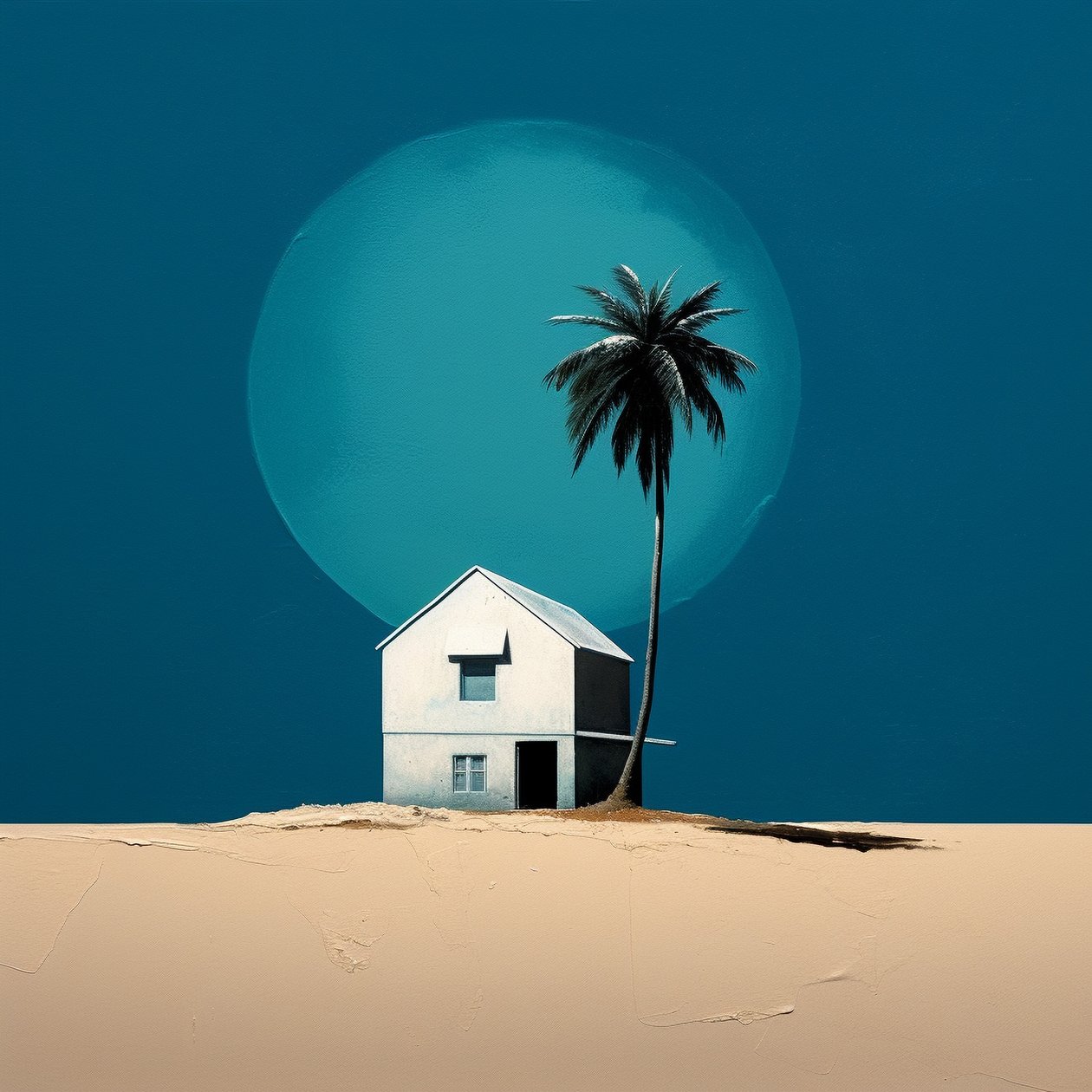Abstrakt sommerhus ved stranden og et palmetræ, indrammet lærred, Print on Demand af F. Abderrahim