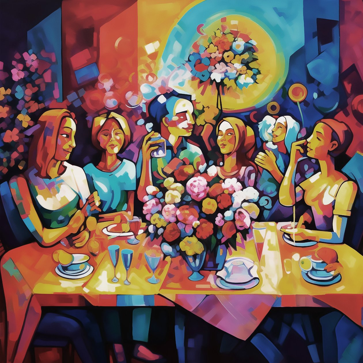 Abstrakt illustration, glad familiemiddag, fuld farve, væg Art print af F. Abderrahim