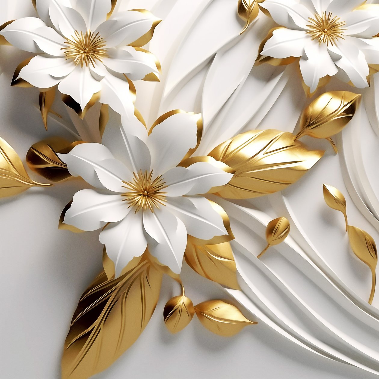 Abstrakte blade og hvide blomster, gylden tekstur, vægkunstprint af F. Abderrahim