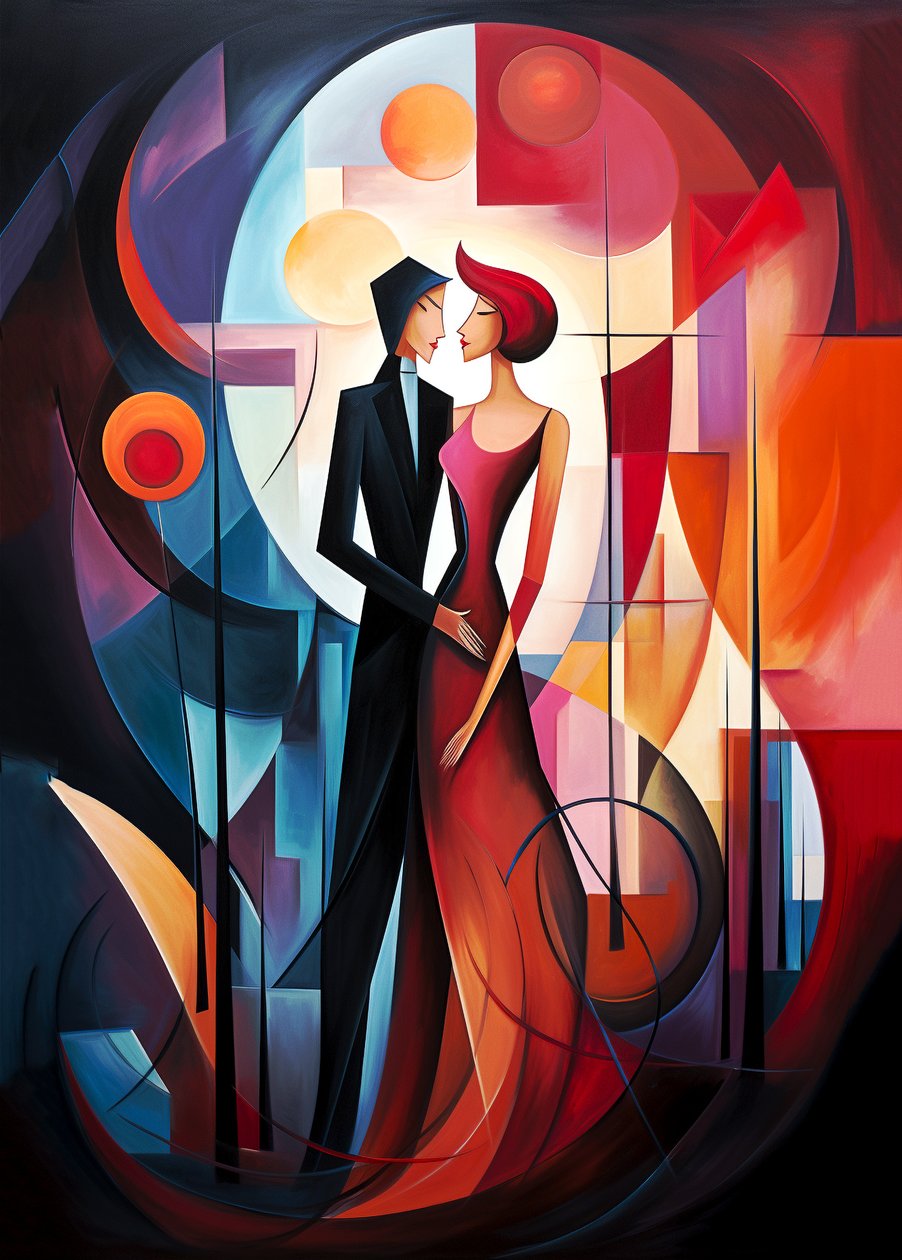 Abstrakt oliemaleri af forelsket par, levende farver, Wall Art | Canvas Prints af F. Abderrahim