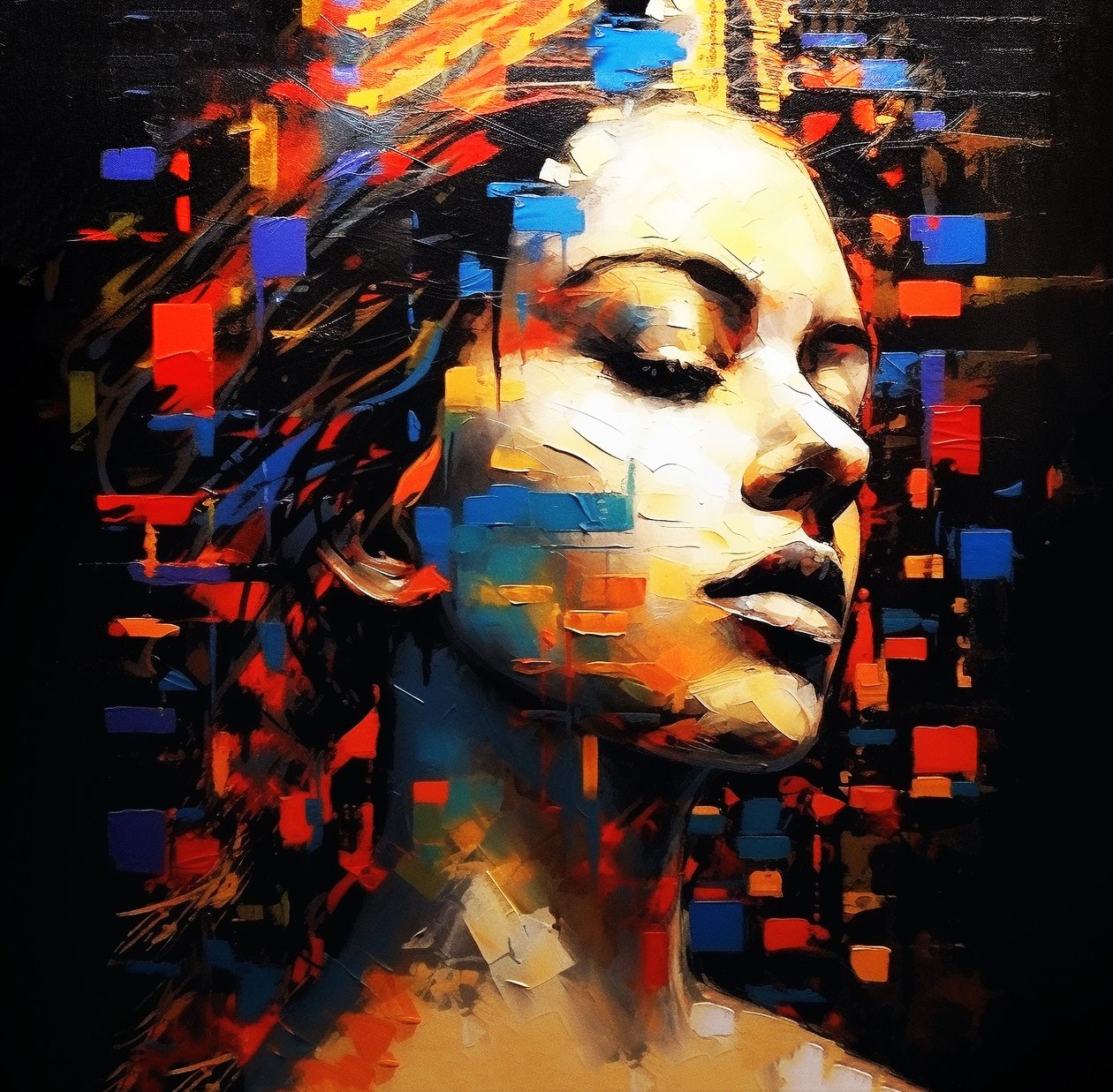 Abstrakt maleri kvindeportræt profil sort baggrund, Wall Art | Canvas Prints af F. Abderrahim