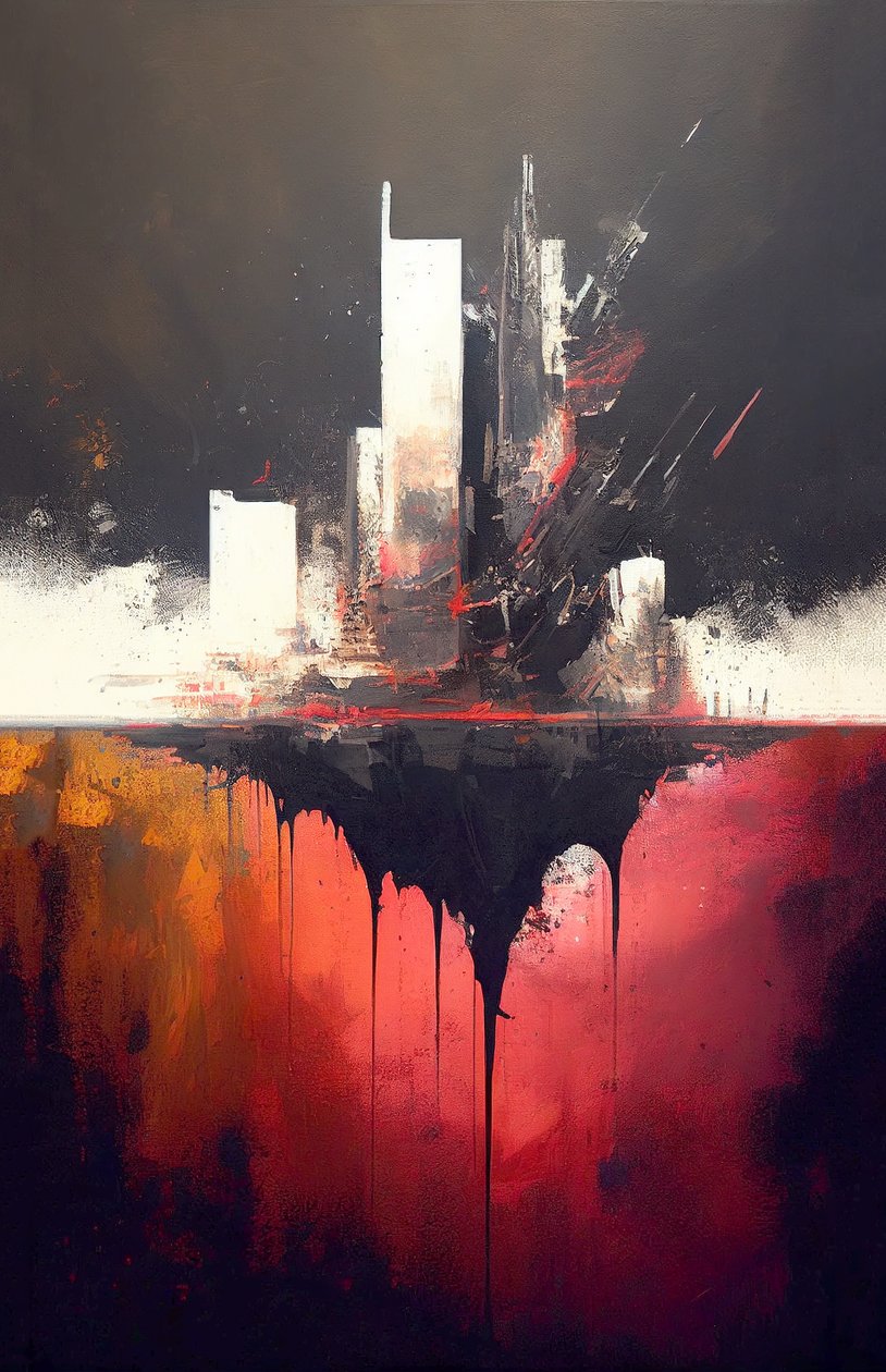 Abstrakt rødt maleri, tykke penselstrøg, vægkunst print on demand af F. Abderrahim