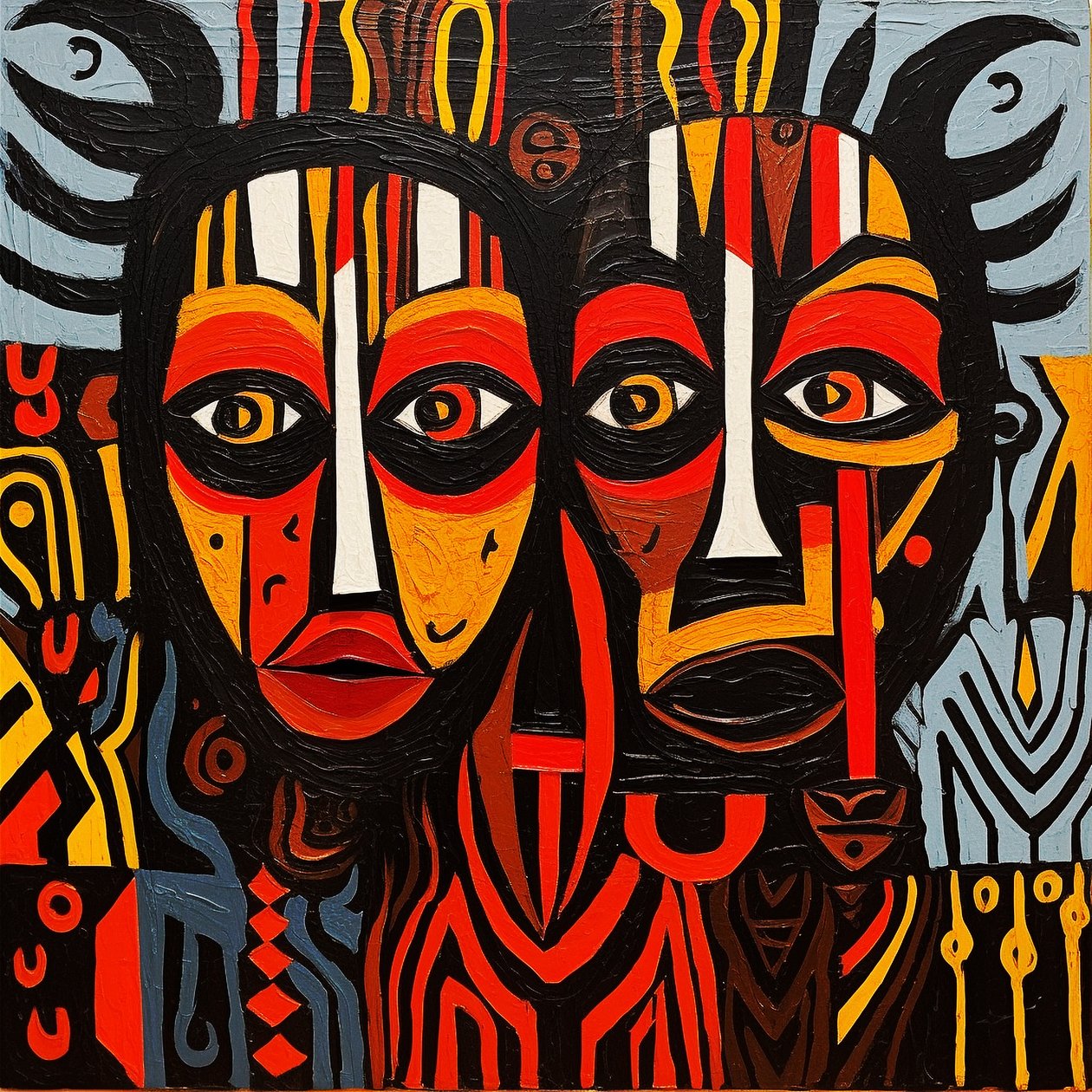 Afrikanske stammeansigter, maleri i Picasso-stil, kunsttryk på lærredsvæg af F. Abderrahim
