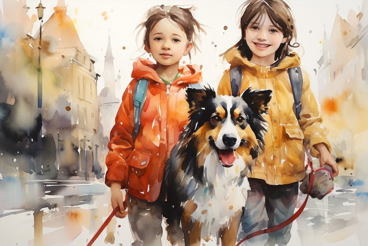 Akvarel portrætmaleri af hund og børn, vægkunst, canva print af F. Abderrahim