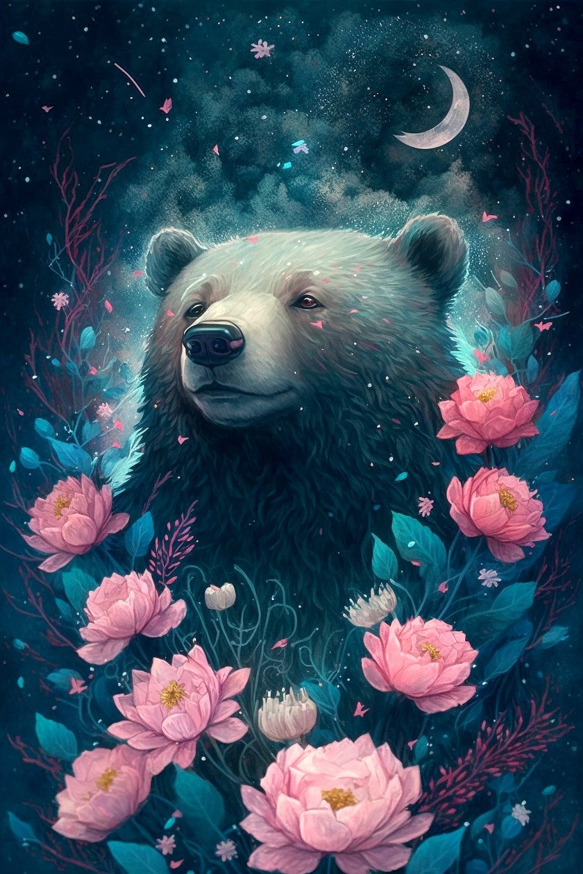 Bjørn i en fantasifuld drømmescene omgivet af blomster, indrammede plakater af F. Abderrahim