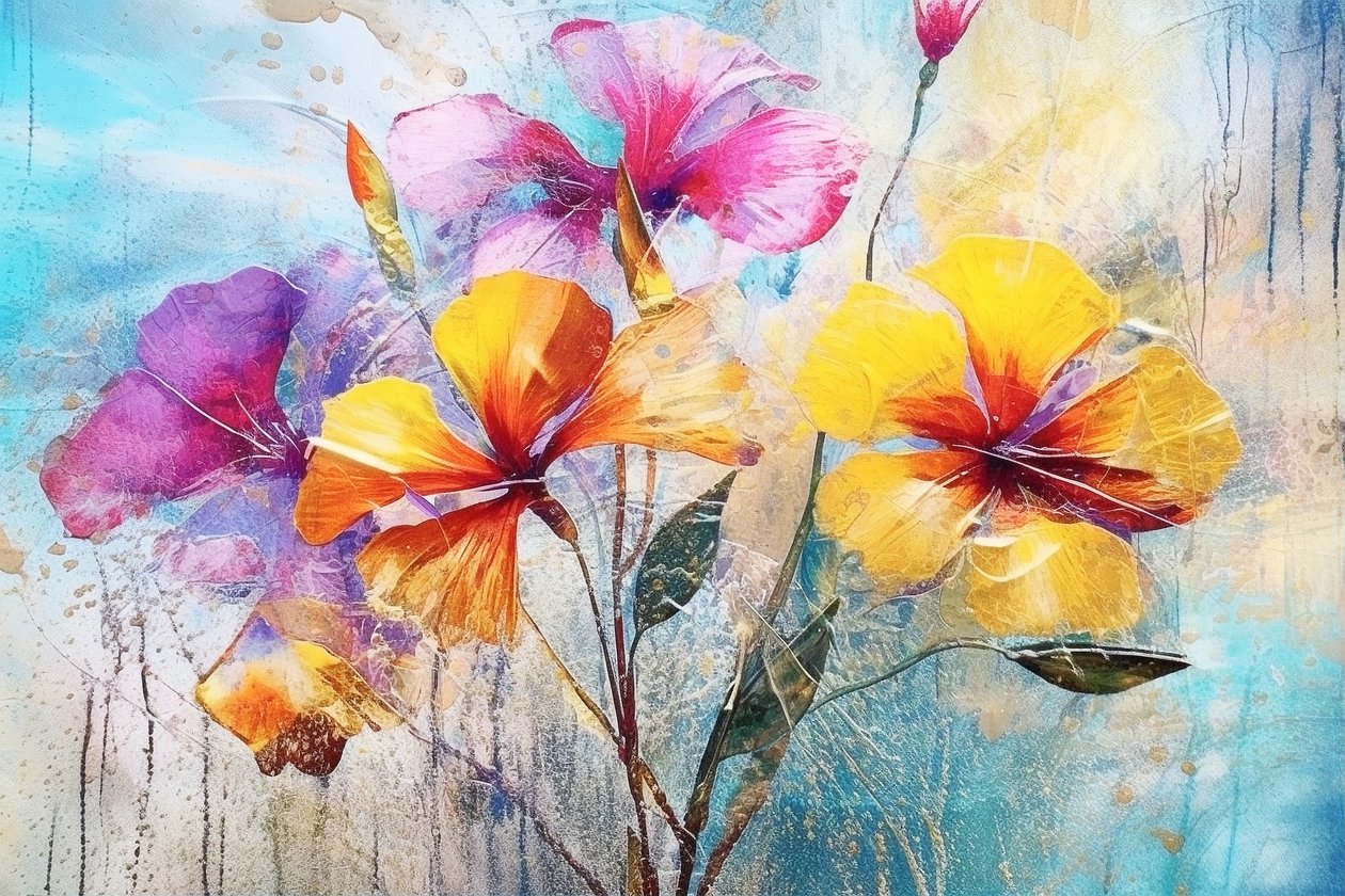 Smukke blomster baggrund, AI genereret olie blomster kunst maleri af F. Abderrahim