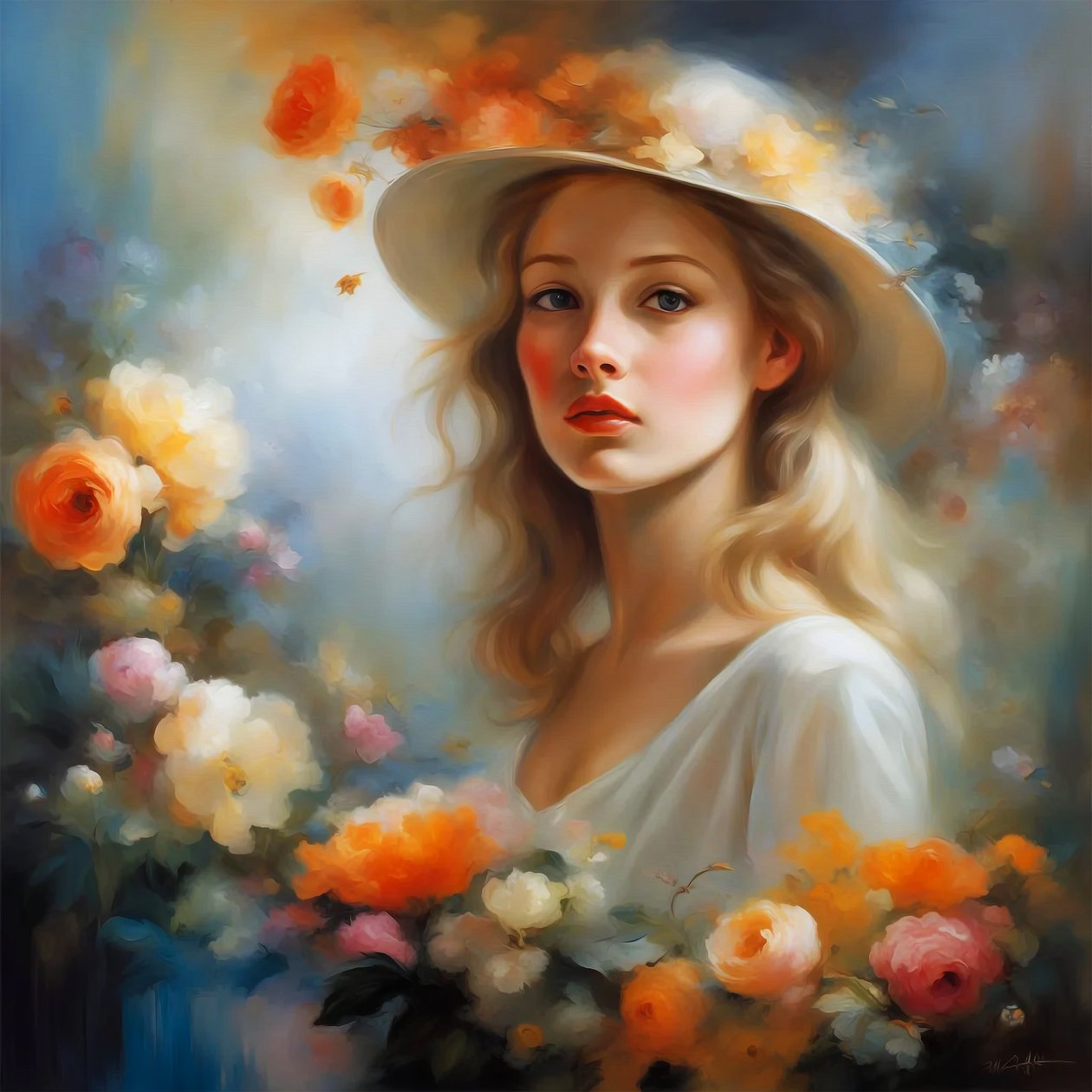 Smuk kvinde i landskab og blomster, Floral Wall Art prints af F. Abderrahim