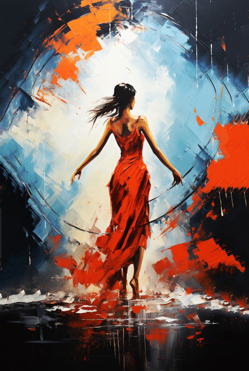 Smuk dansende pige maleri, bagfra, fine art prints online af F. Abderrahim