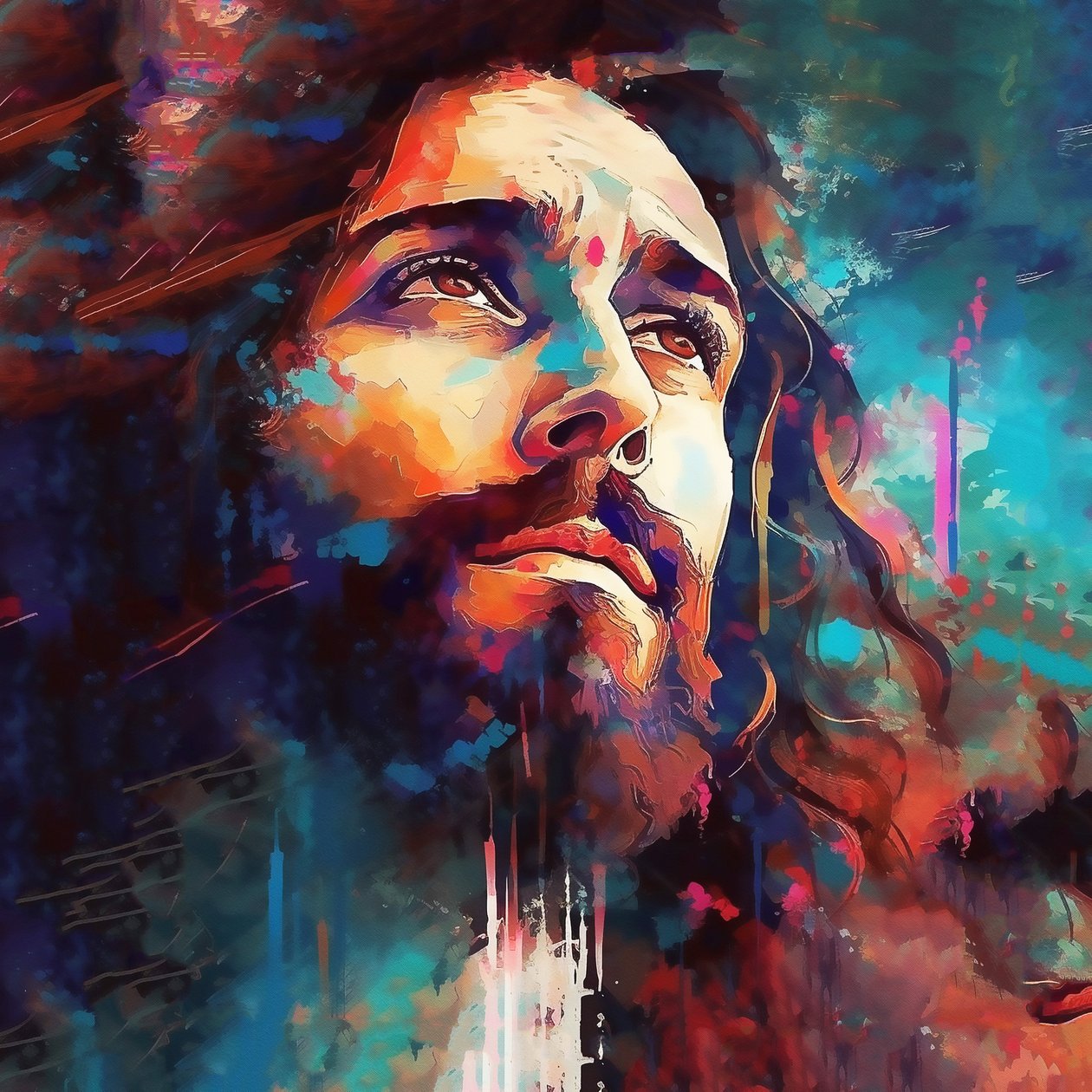 Smukt ansigt af Jesus Kristus, abstrakt portræt, vægkunst print på efterspørgsel af F. Abderrahim