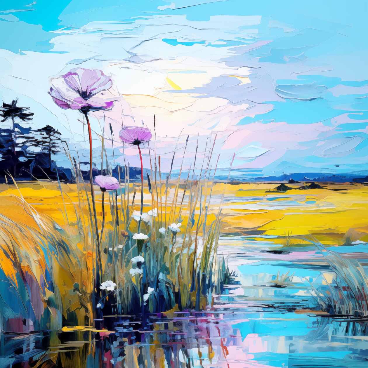Blå blomster, abstrakte blå blomster i solopgang landskabsmaleri, kunsttryk på lærred af F. Abderrahim