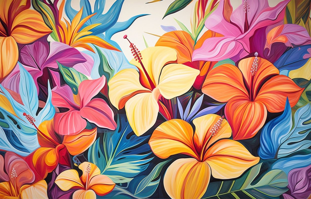 Buket af farvestrålende hibiscusblomster, blomstermaleri, kunsttryk af F. Abderrahim