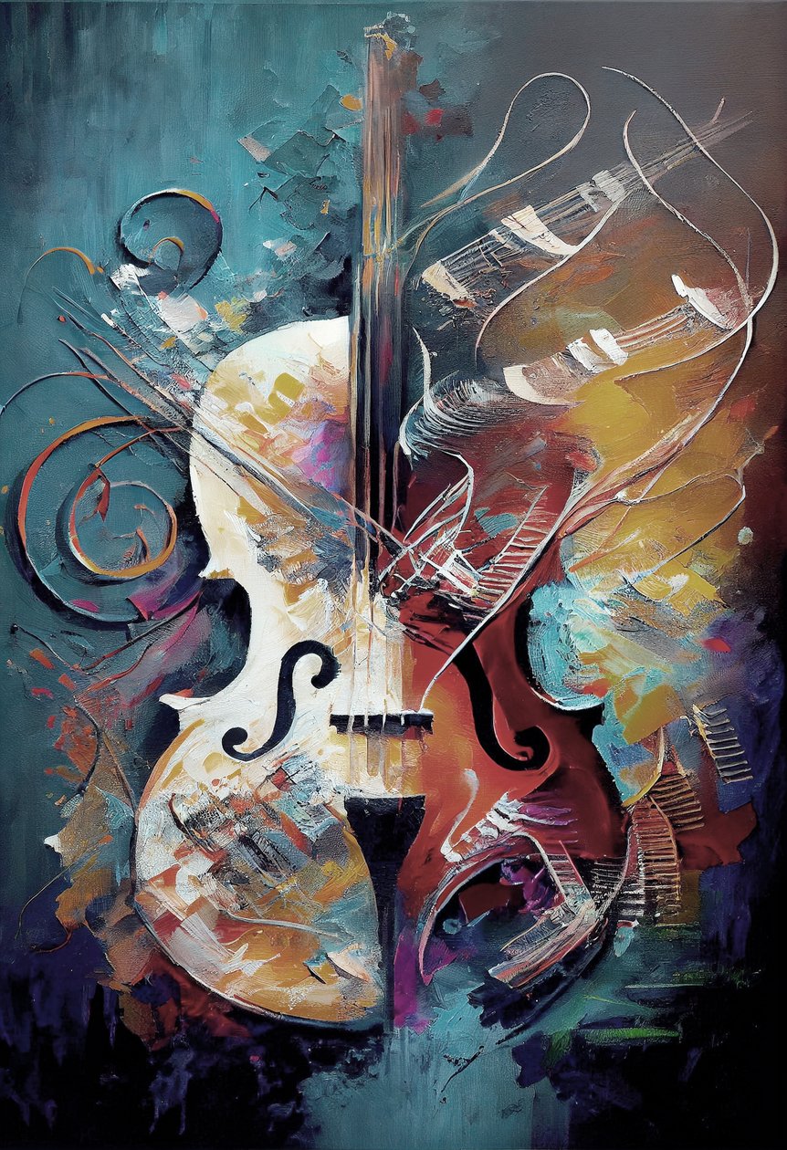 Klassisk violinmaleri med penselstrøg på lærred, kunstprint til væg af F. Abderrahim