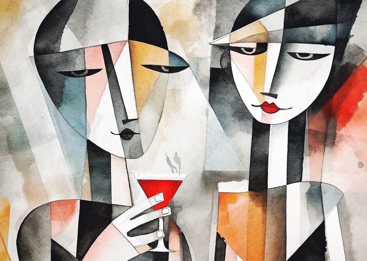 Par drikker vin på restaurant, lærred  vægkunst print af F. Abderrahim