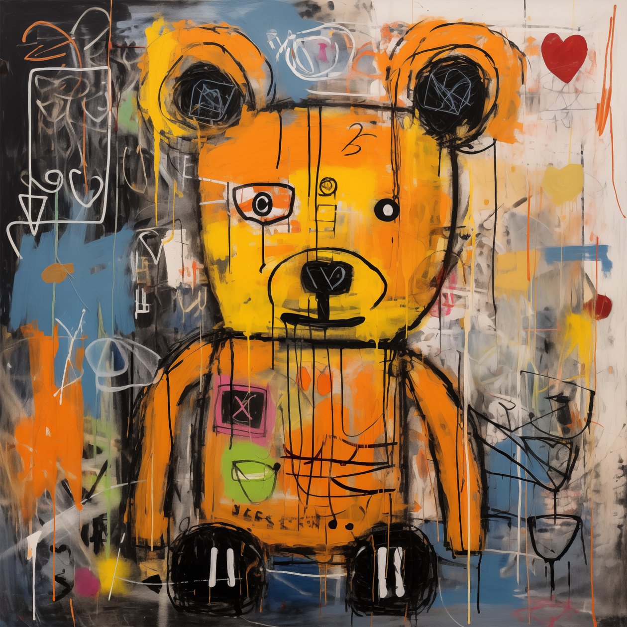 Indretning sød bjørn abstrakt maleri, jean michel basquiat stil, kunsttryk af F. Abderrahim