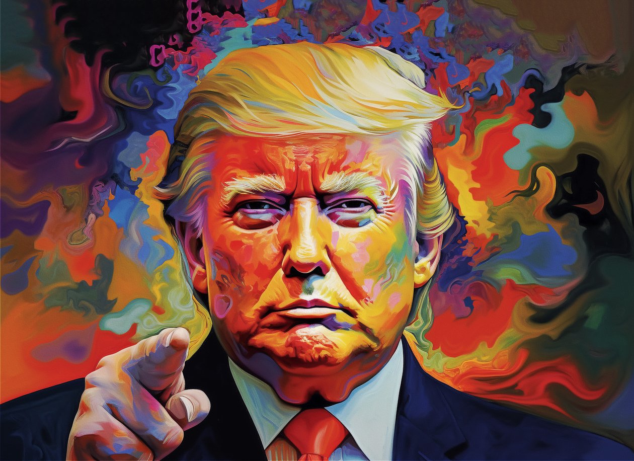 Myytävänä Donald Trumpin muotokuvamaalaus, seinätaidekuvio ja kehystetty taide af F. Abderrahim