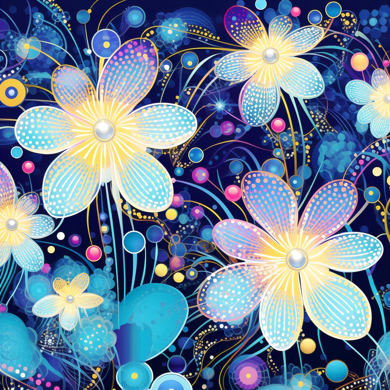 Blomstermotiv i blåt, yayoi kusama-stil, fine art prints online af F. Abderrahim
