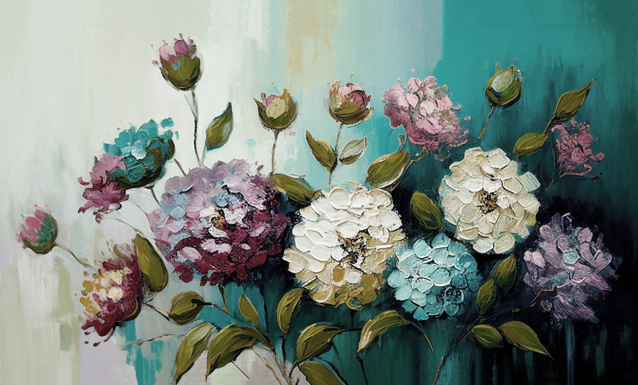 Blomster stilleben maleri på lærred til salg, online væg kunst print af F. Abderrahim