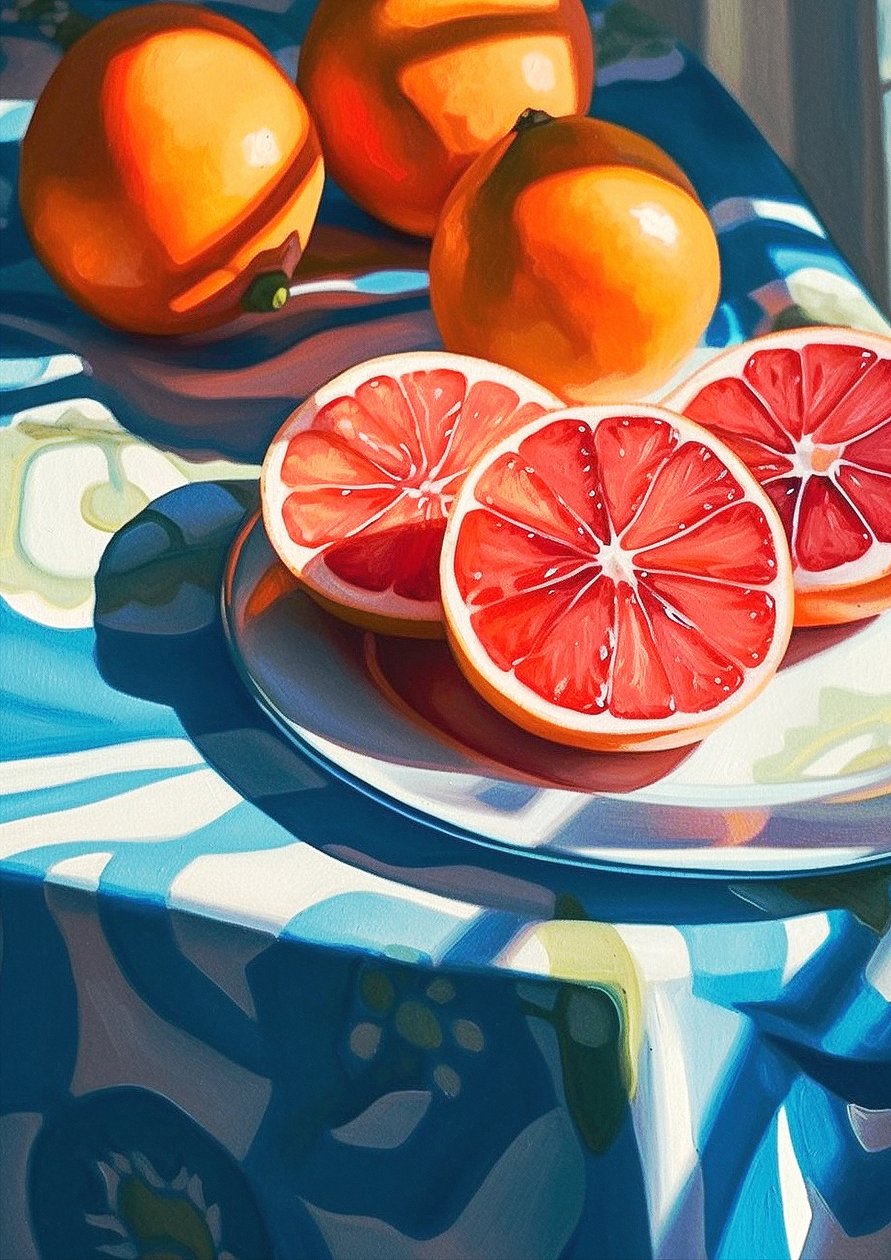 Grapefrugtskiver, indretning køkken stilleben maleri, fine art prints online af F. Abderrahim