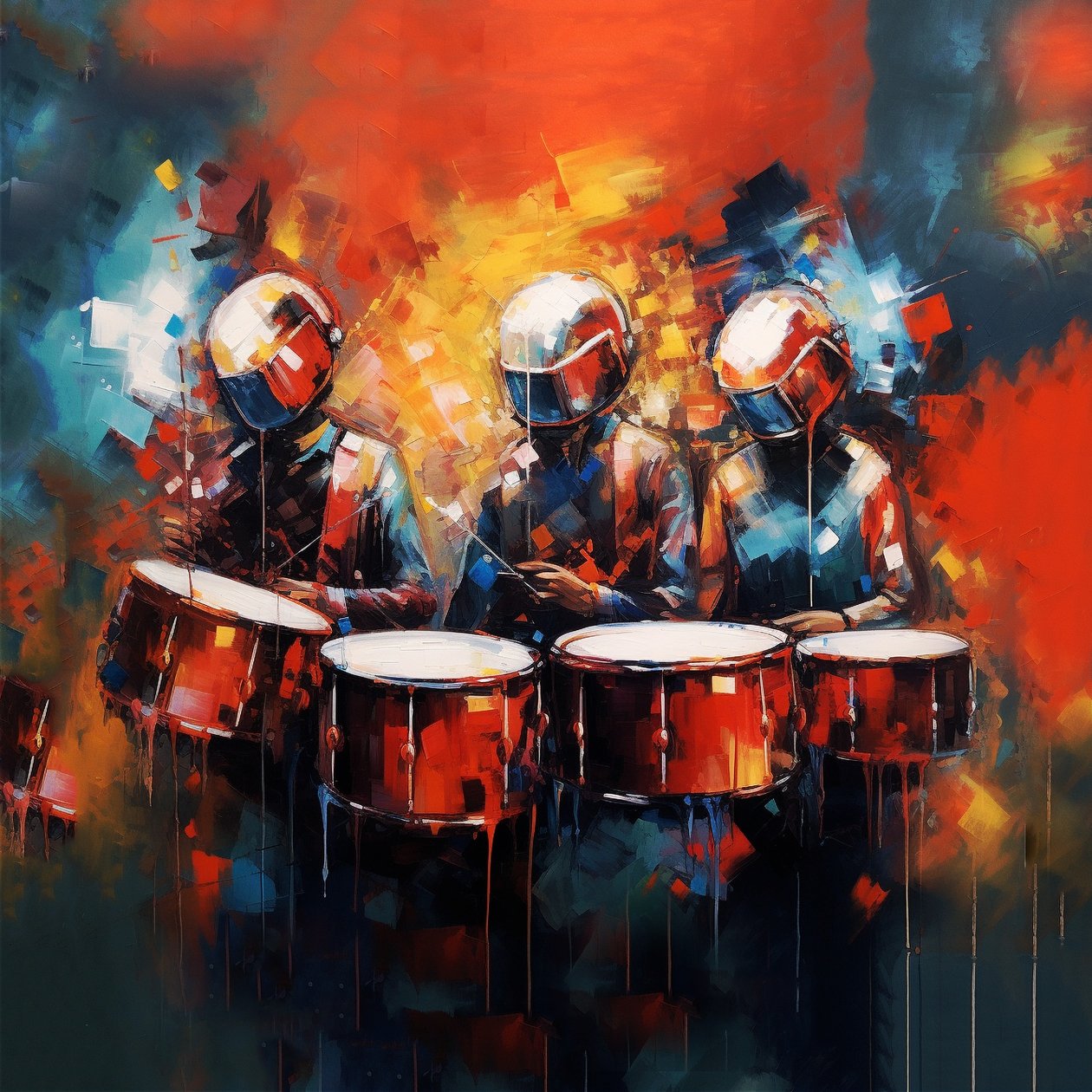 Gruppe af musikere, der spiller trommer, rockmusik, printvenlig digital kunst af F. Abderrahim
