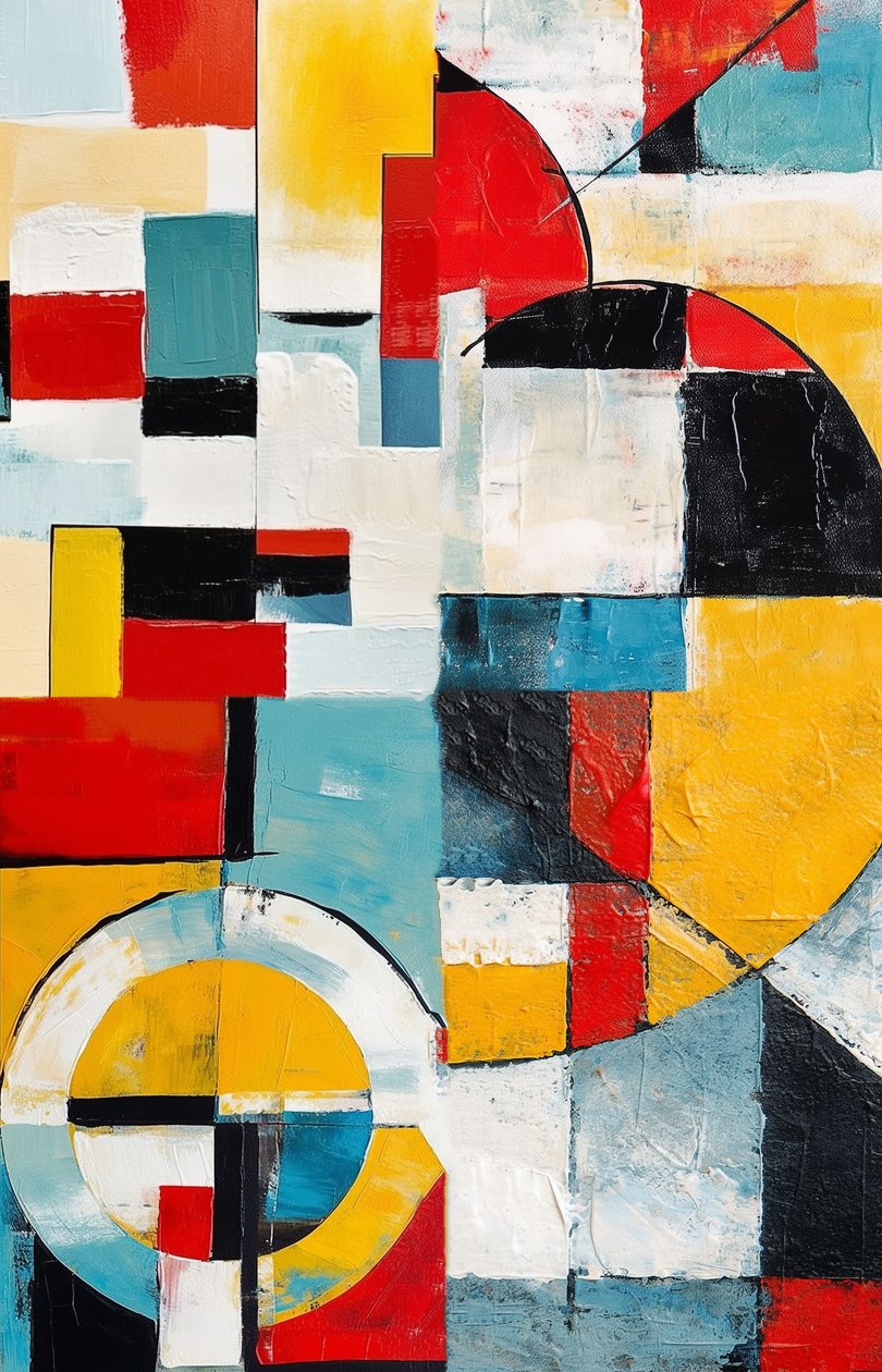 Geometriens lykke gul, Abstrakt oliemaleri, fine art prints online af F. Abderrahim