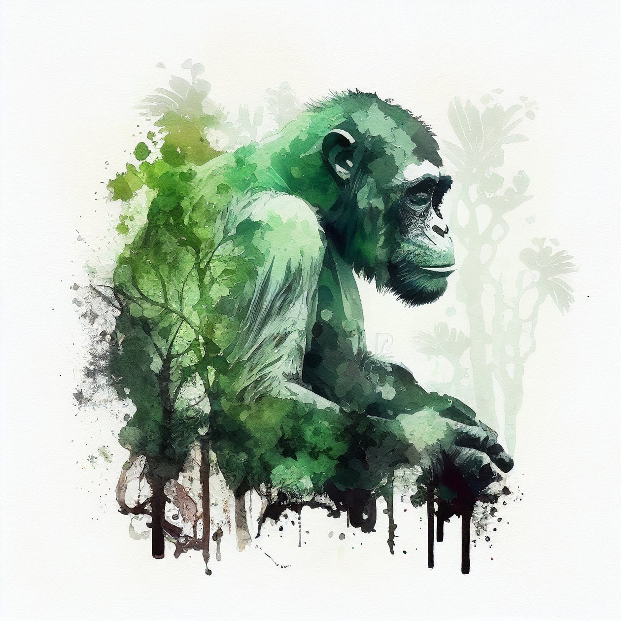 Jungleabe, chimpanse, dobbelteksponeret akvarelmaleri, kunsttryk af F. Abderrahim