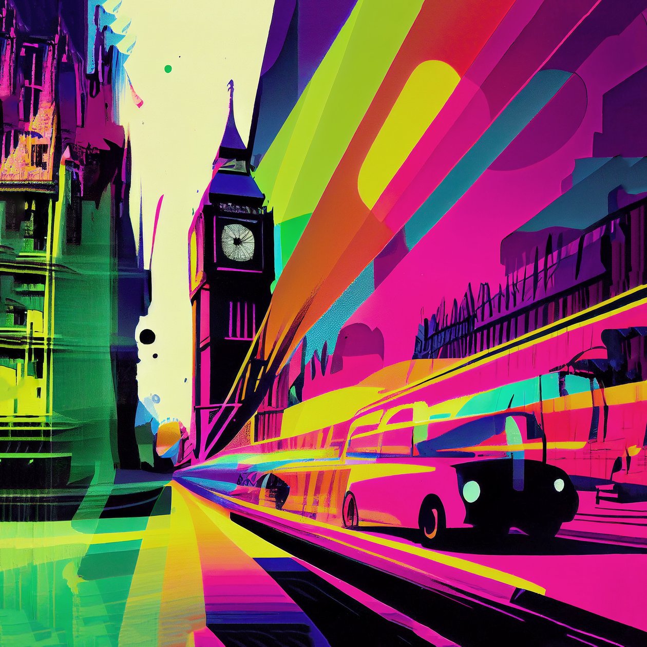 London farverig surrealistisk tegneserie, tegneserieabstraktion, britiske vægkunsttryk af F. Abderrahim