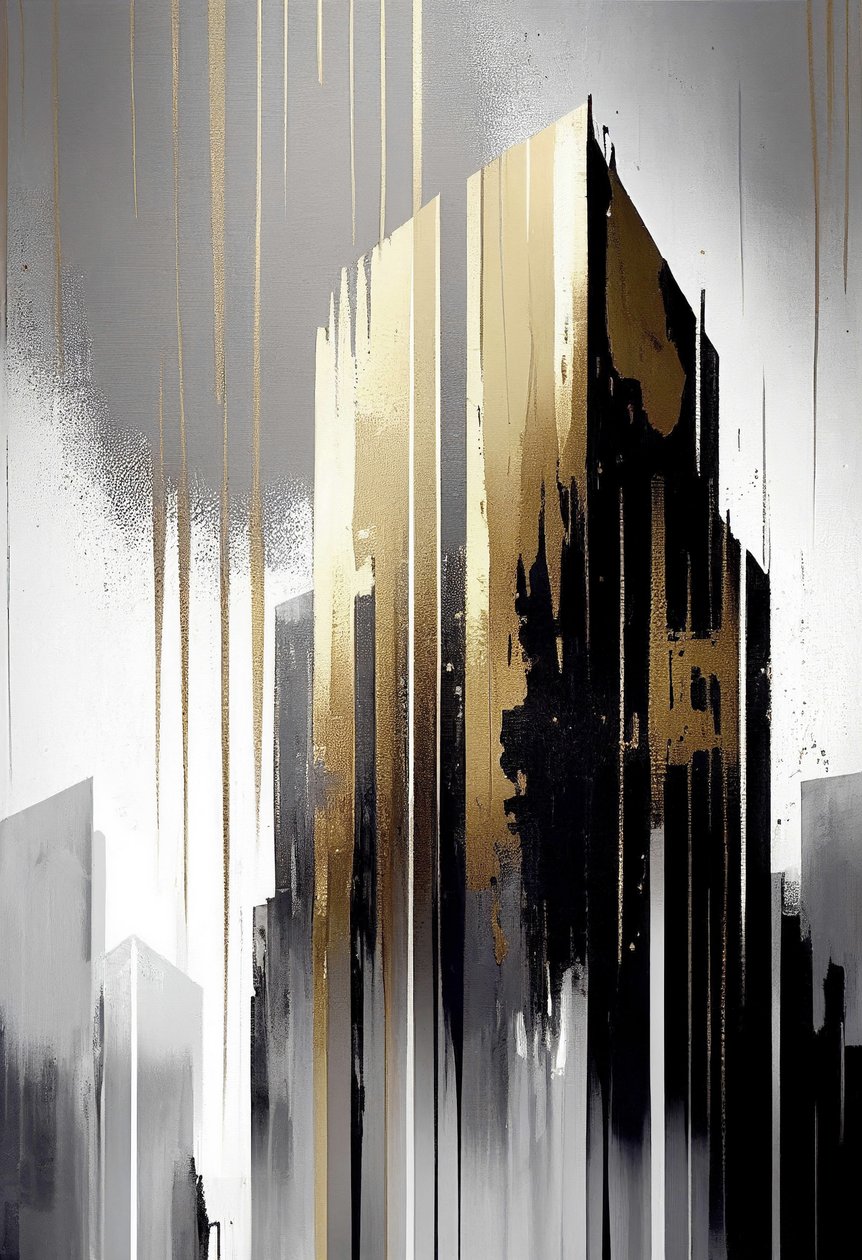 Minimal arkitektonisk abstrakt bygning, grå og guld maleri print on demand af F. Abderrahim