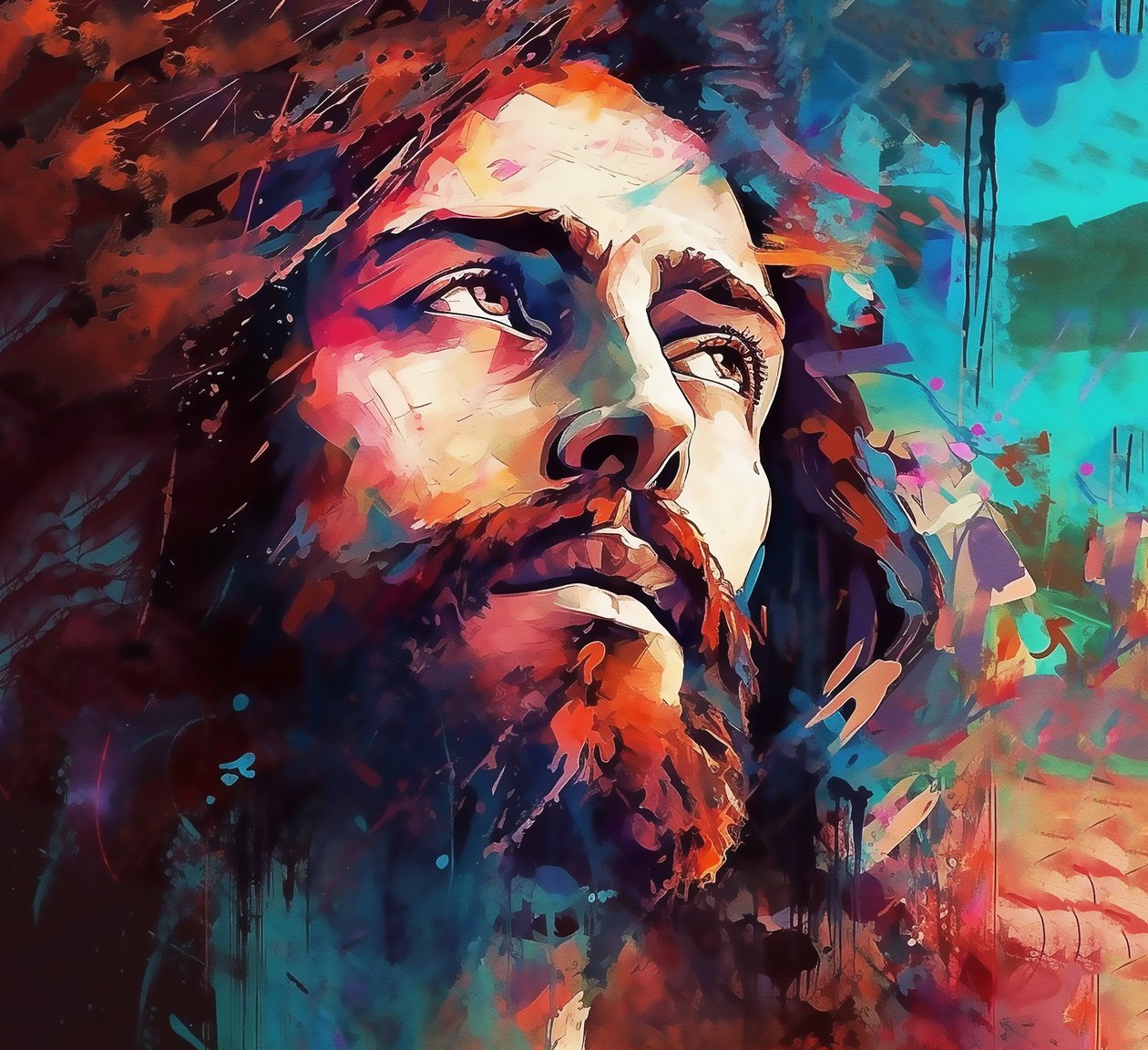 Religiøst Jesus Kristus-ansigt, spirituelt kristent lærredsmaleri af F. Abderrahim