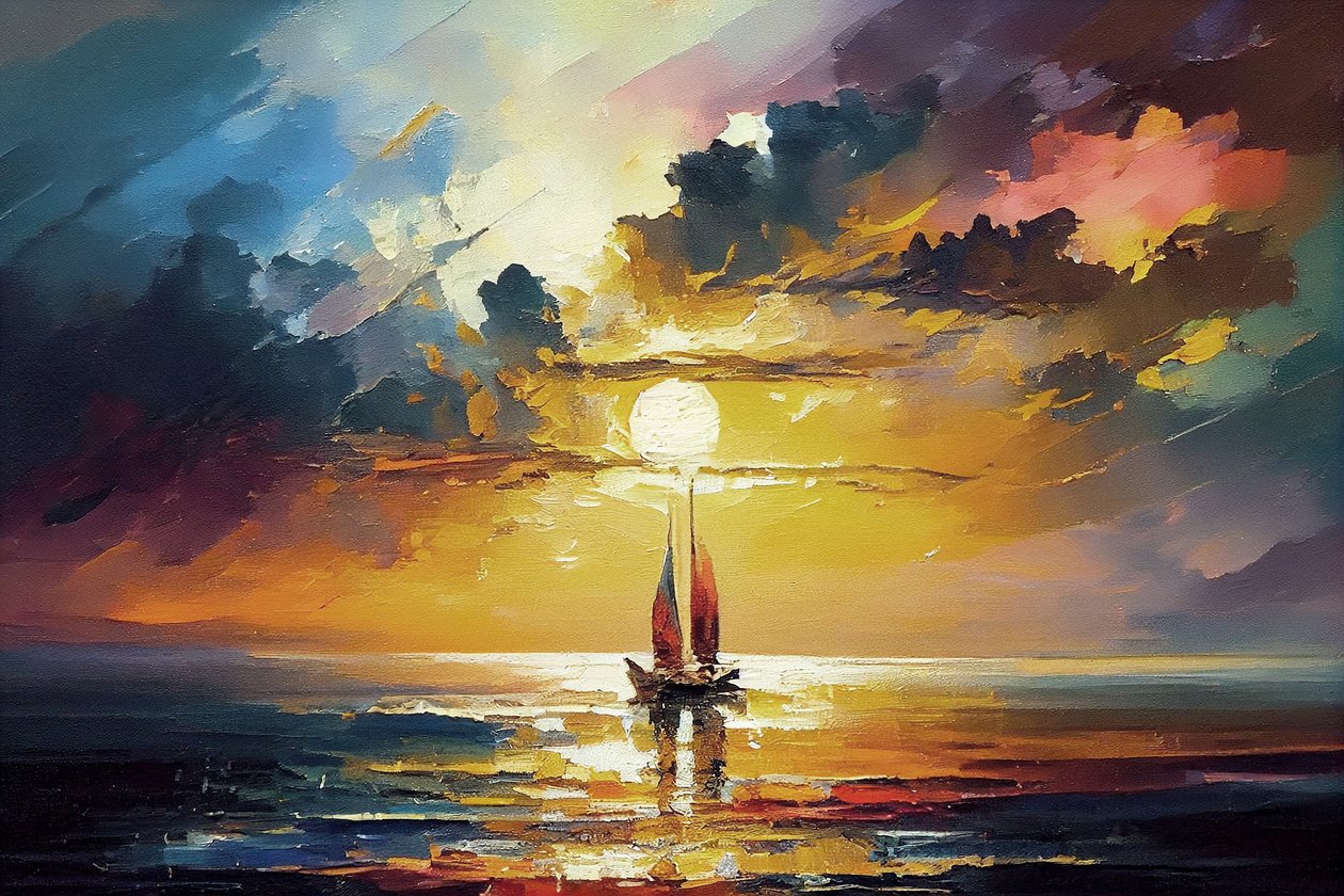 Sejlbåd Seascape, Orange solnedgang på lærred, ideer til vægdekoration, kunsttryk af F. Abderrahim