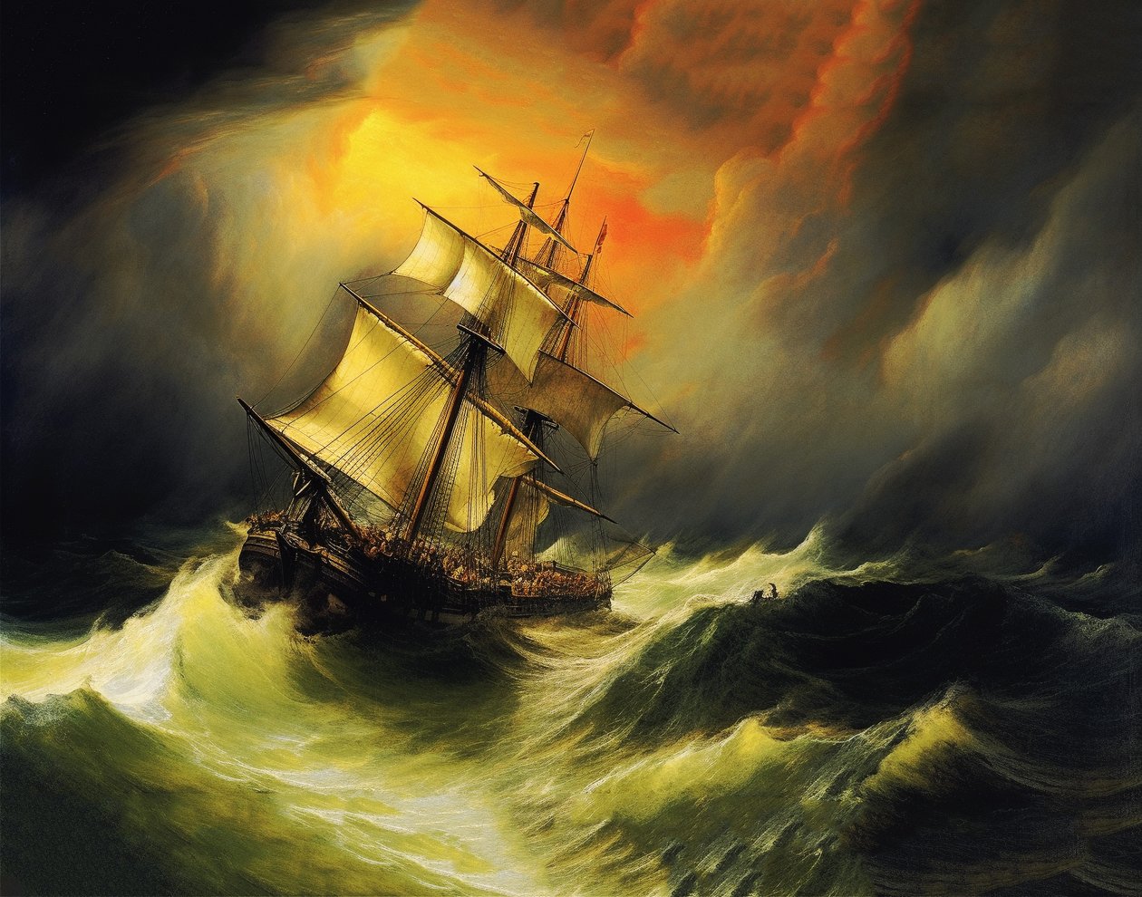 Skib i storm på havet, William Turner maleristil, print on demand af F. Abderrahim