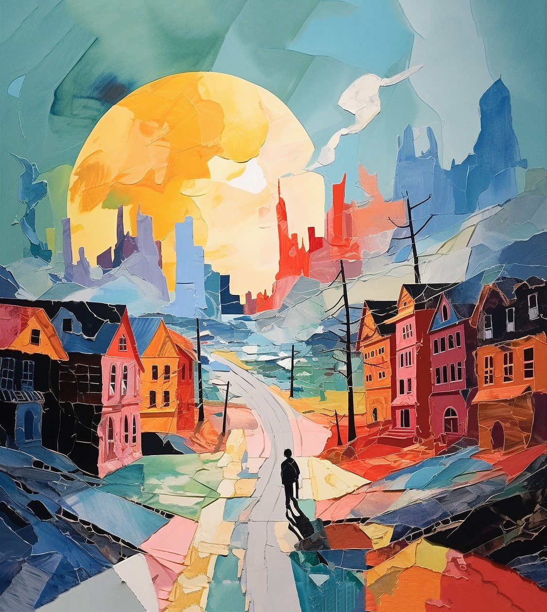 Snowy Day in Old Town, surrealistisk vinterlandskab, kunsttryk til væggen af F. Abderrahim
