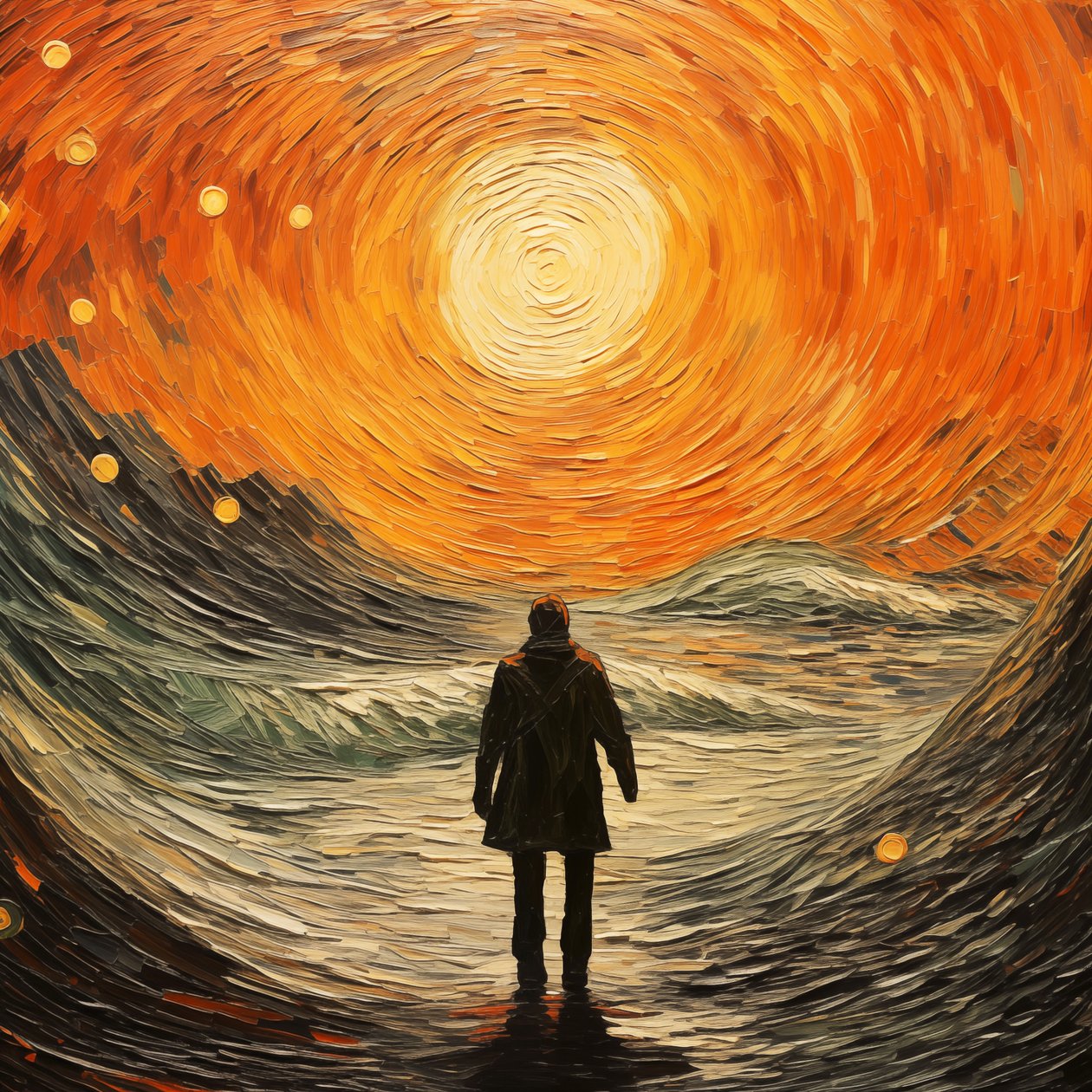 Surrealistisk scene, en mand i havets bølger, Vincent van Gogh impressionistisk stil af F. Abderrahim