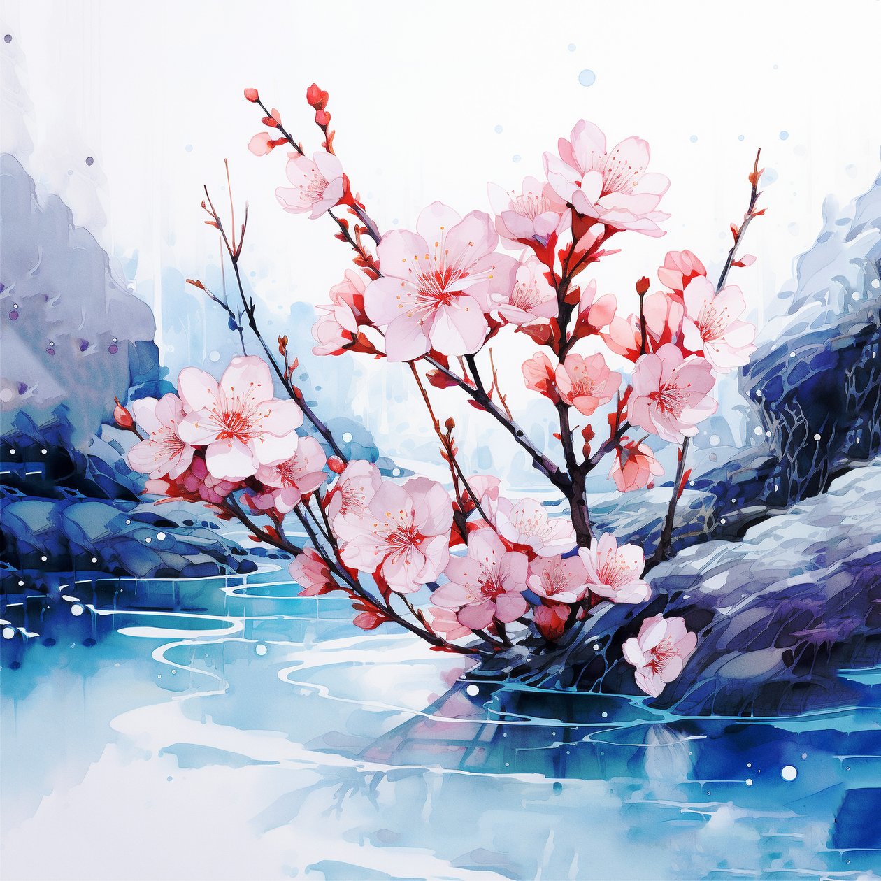 Surrealistisk akvarelmaleri Japanske kirsebærblomster blomster, væg Kunsttryk af F. Abderrahim