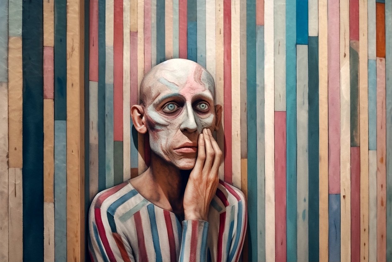 Surrealistisk maleri af en trist mand inspireret af Giorgio de Chirico, kunsttryk af F. Abderrahim