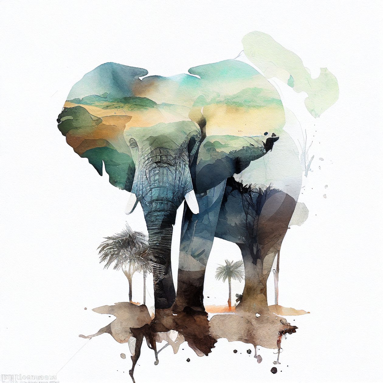 Akvarel elefant maleri, afrikansk savanne, firkantede væg kunst print af F. Abderrahim