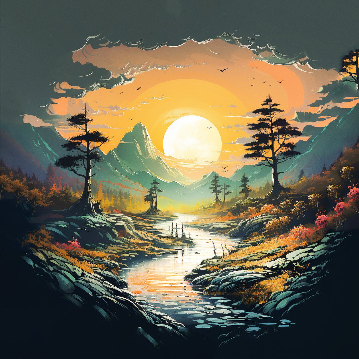 fantasy bjerge solnedgang landskab natur digital tegning , Wall Art | Canvas Prints af F. Abderrahim
