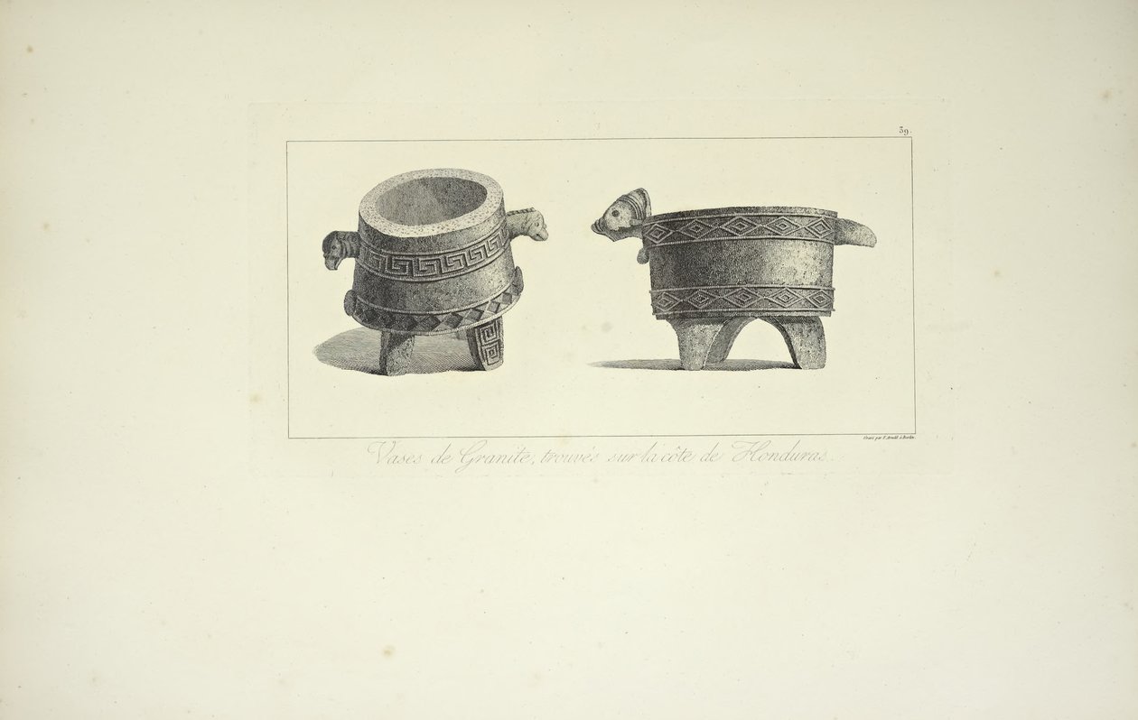 Vaser i granit, fundet på Honduras kyst, illustration fra "Udsigt over Cordilleras og monumenter af de oprindelige folk i Amerika" af Alexander von Humboldt og Aime Bonpland, 1813 af F. Arnold