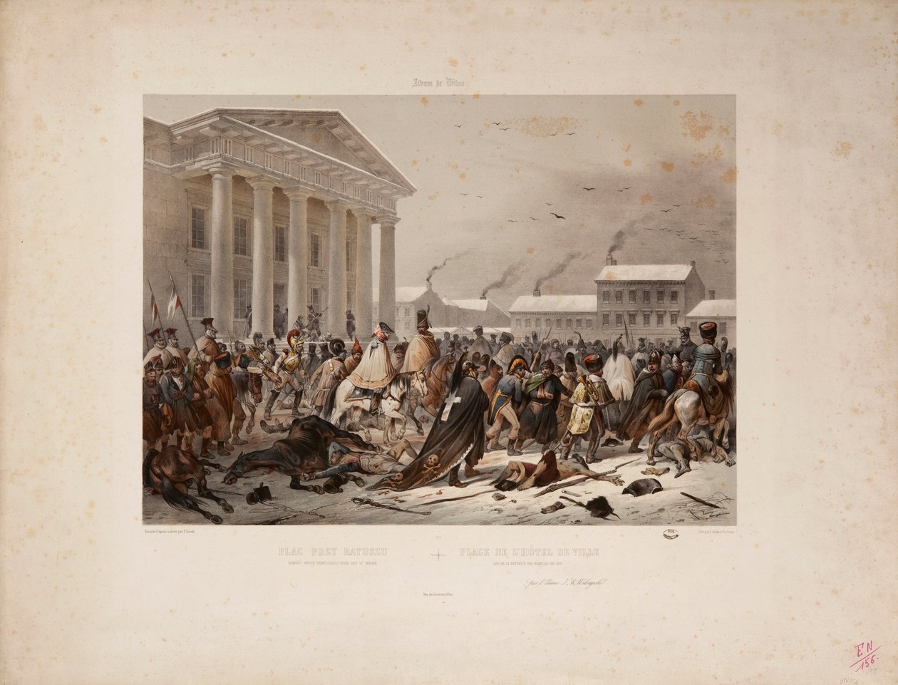 Tilbagetrækkende fransk hær på Rådhuspladsen i Vilna, indgraveret af Victor Adam (1801-66) og Louis Pierre Alphonse Bichebois (1801-50) 1812 af F. Daniel
