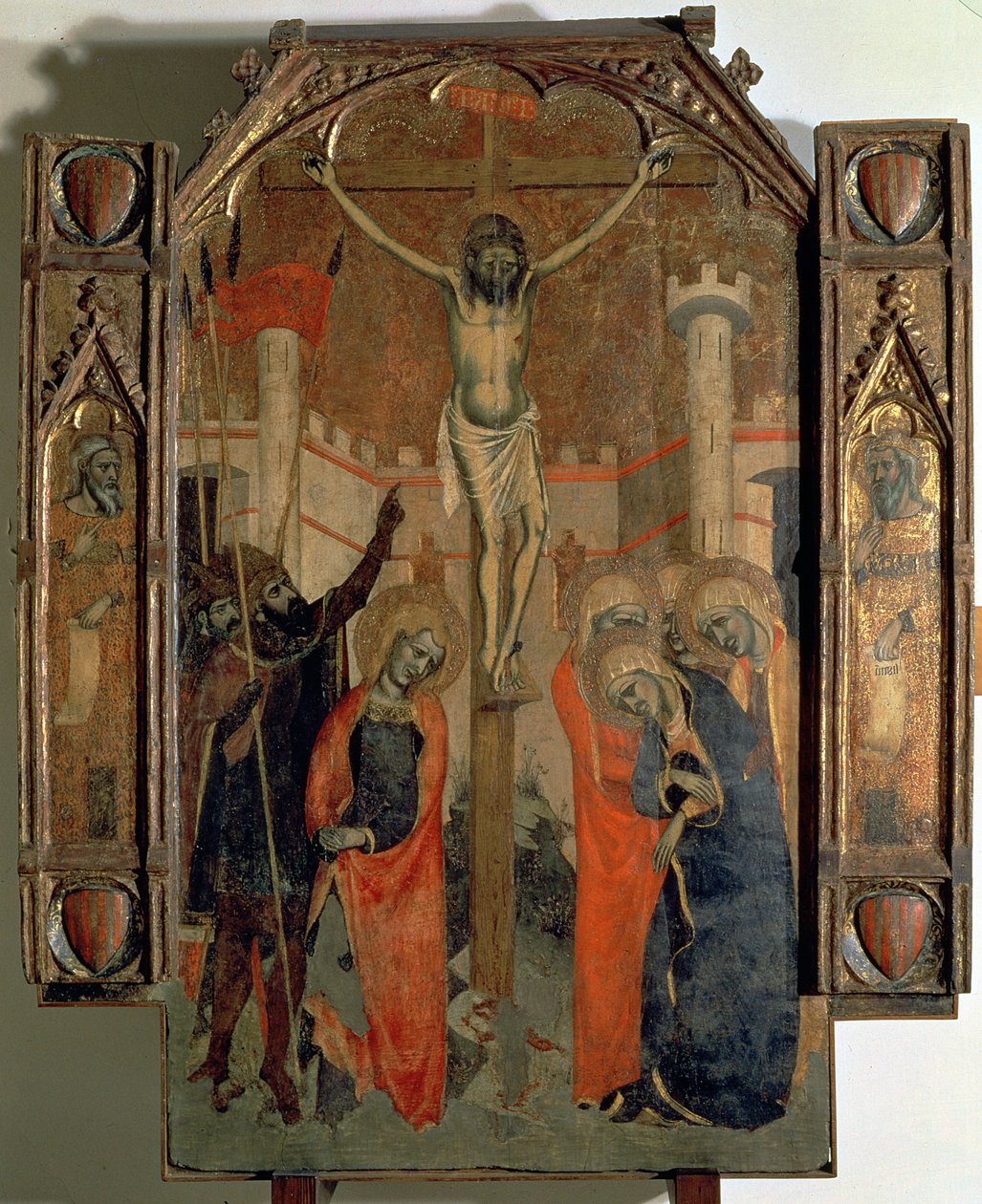 Korsfæstelsen, øverste del af midterpanelet på den store altertavle i Almudaina, fuldført i 1358 (tempera på panel) af F. Bassa and R. Destorrents