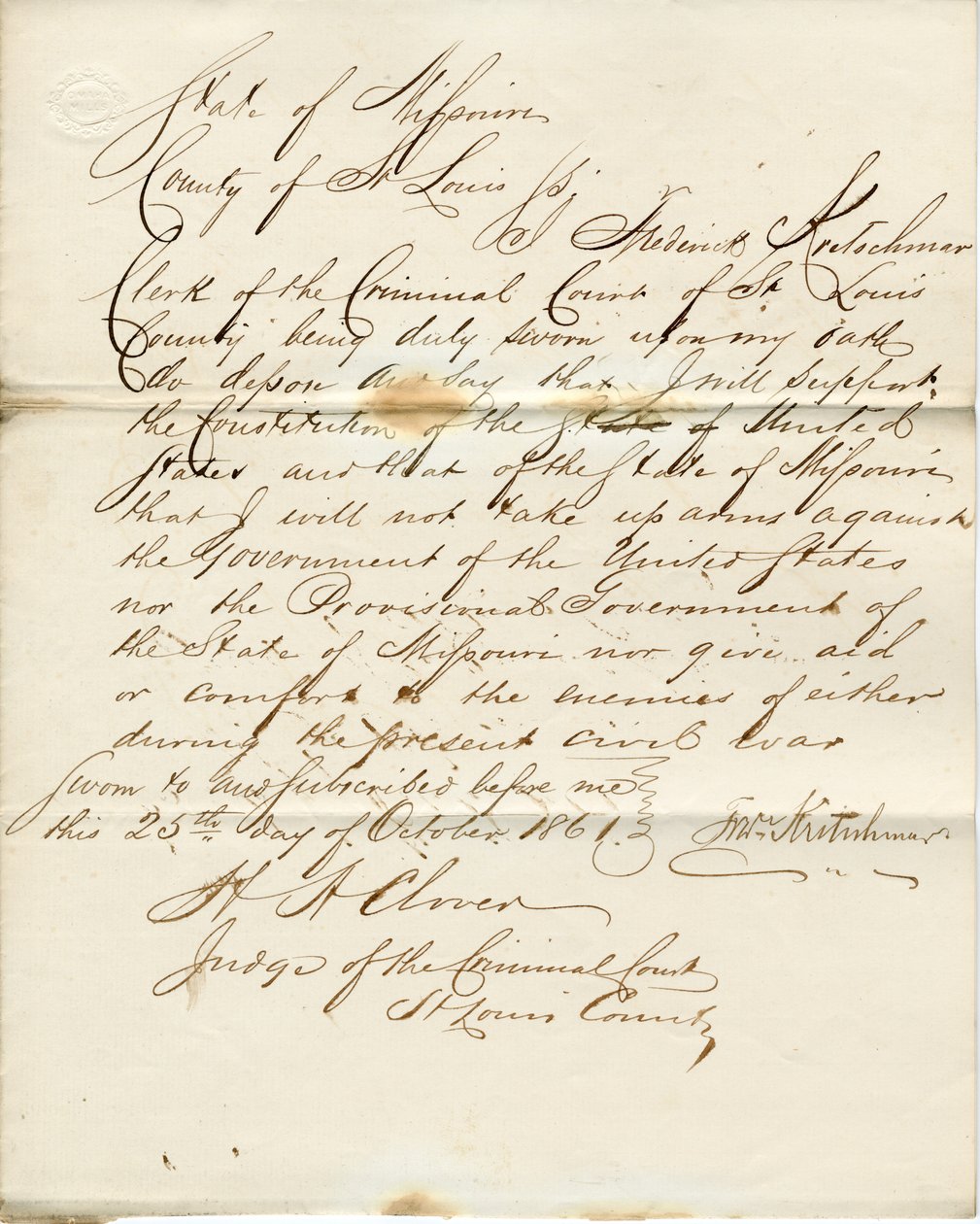 Loyalitetsed af Frederick Kretschmar, delstaten Missouri, amtet St. Louis af F. Kretschmar