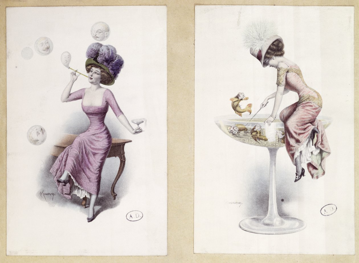 Postkort, der forestiller en kvinde, der blæser bobler og fisker i et champagneglas, ca. 1900 (farve litho) af F. Kuderna