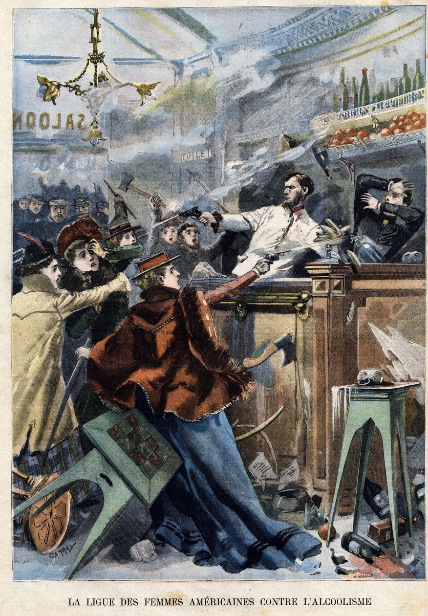 Amerikanske kvinders liga mod alkoholisme. I en amerikansk saloon skyder kvinder med pistoler mod bartendere af F. L & Carrey (fl.1900) Meaulle