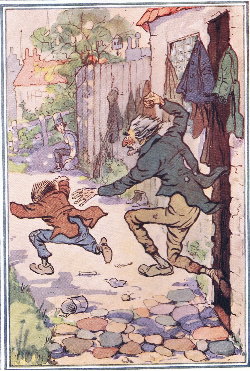 Hed skynder sig ud af butikken efter dem og sender dem flyvende, illustration fra David Copperfield, 1914 af F. M. B. Blaikie