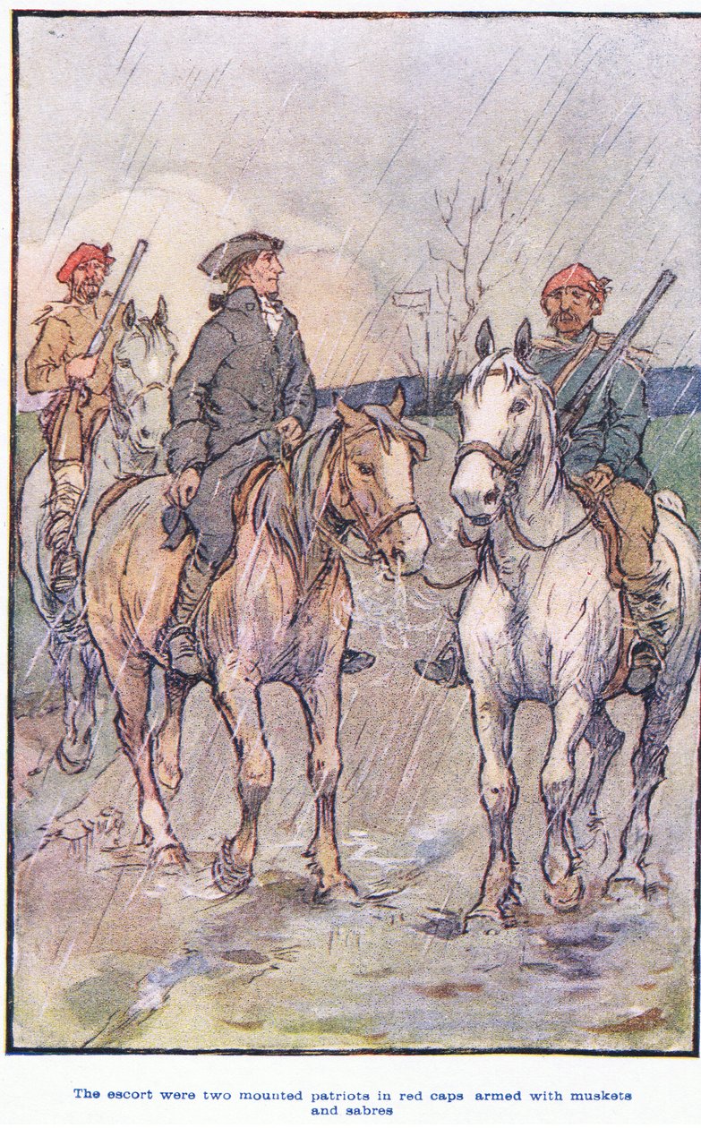Eskorten var beredne patrioter i røde kasketter, bevæbnet med musketter og sabler af F. M. B. Blaikie