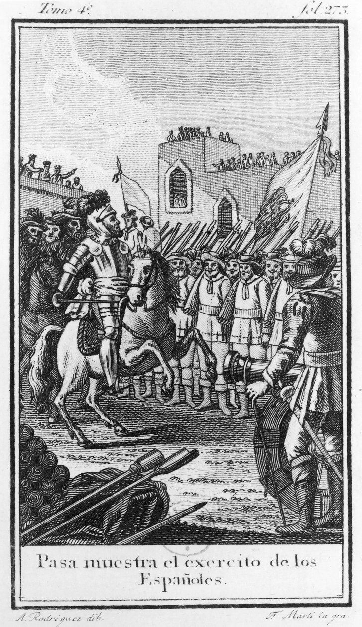Hernando Cortes (1485-1547) Gennemgang af sine tropper, indgraveret af Antonio Rodriquez af F. Marti