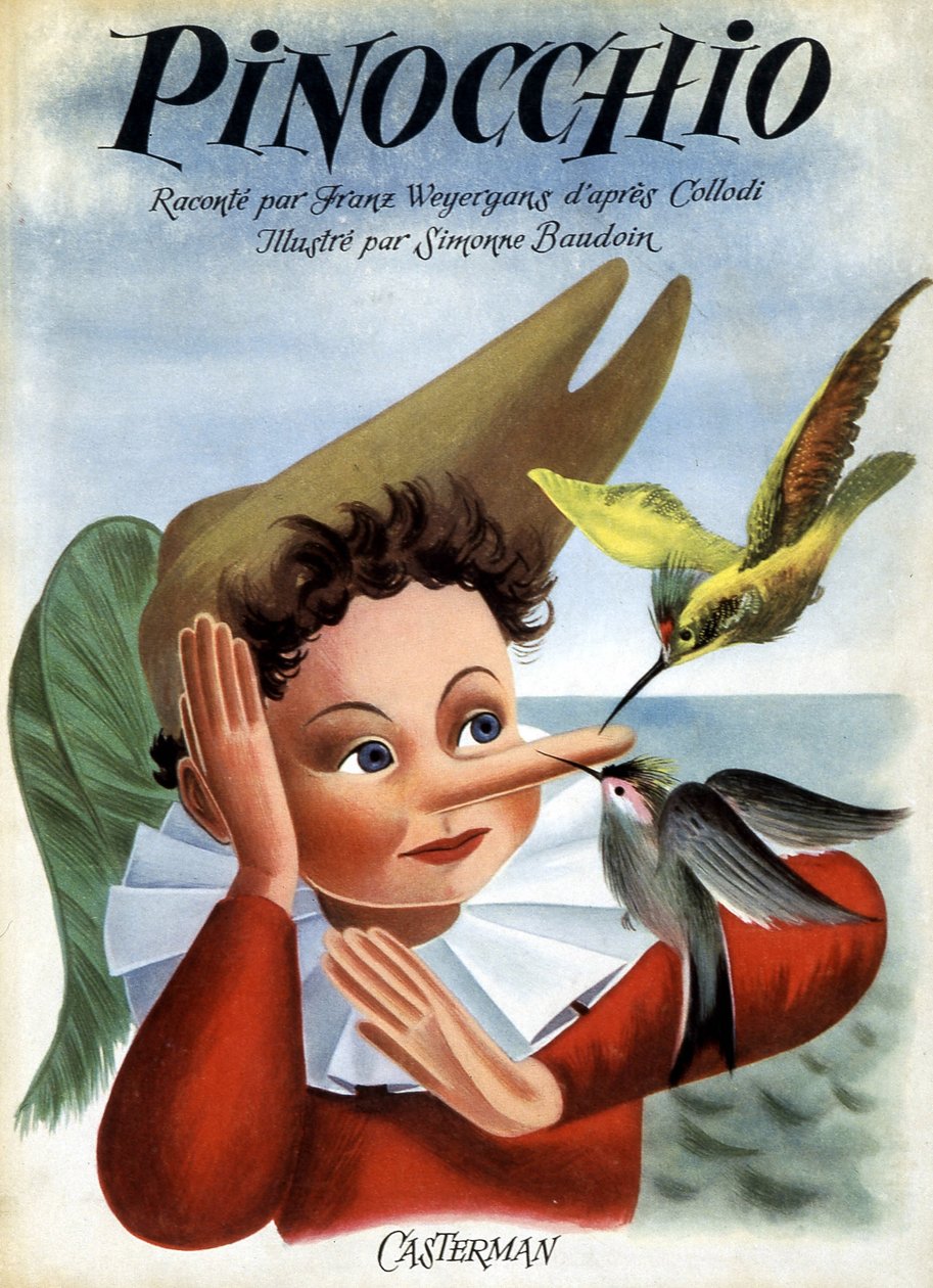 Omslag til bogen “” Pinocchio””, illustreret af Simonne Baudoin, red. CastermanOpmærksomhed: RETTIGHEDSRESERVER af F. Rothier