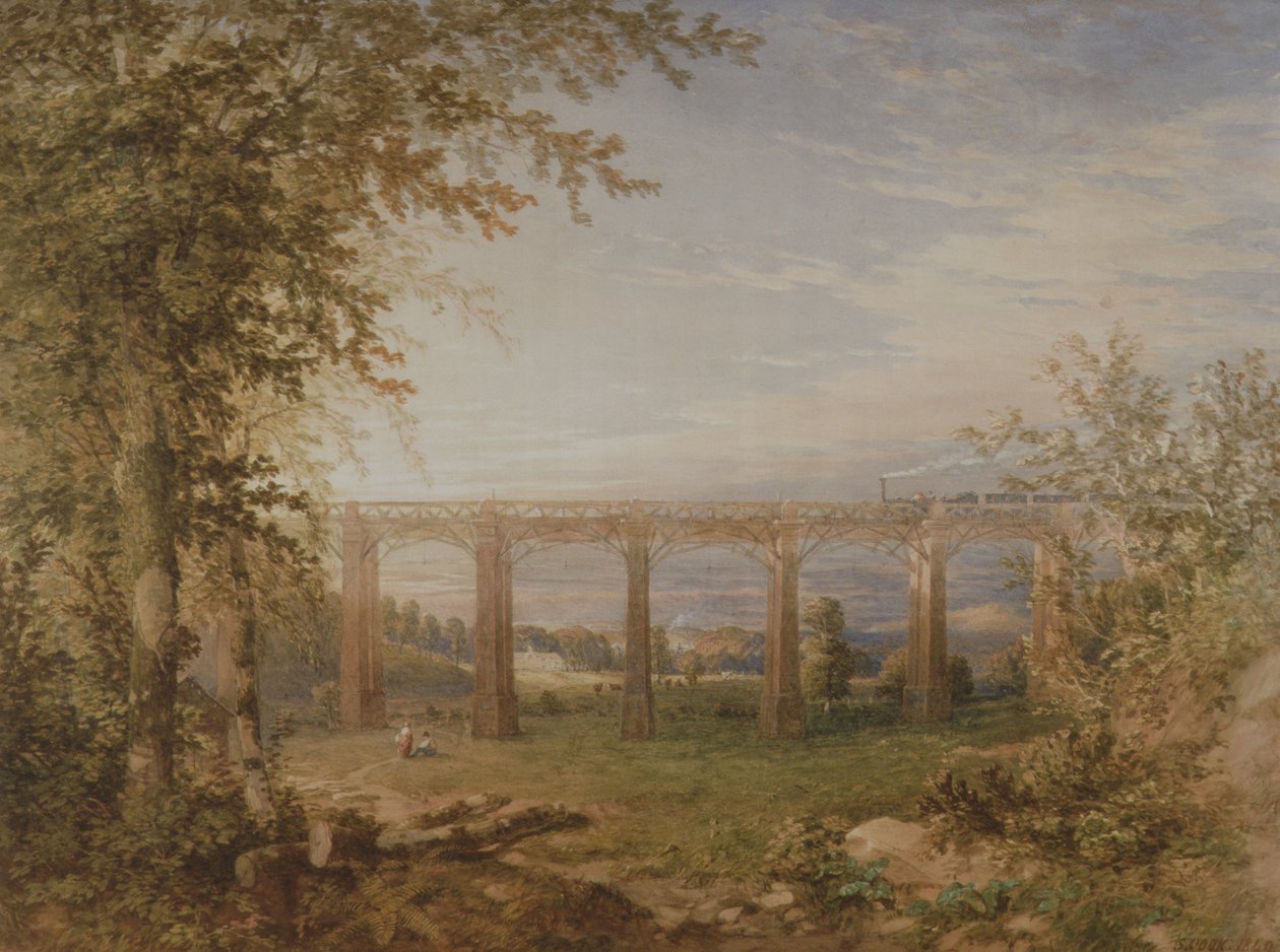 En murstens- og tømmerjernbaneviadukt med damptog, 1849 (wc på papir) (par til 3247622) af F. S. Cook