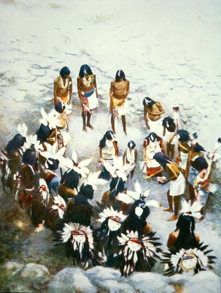 Lenya-ceremoni, Walpi Pueblo, ca. 1900 (farve litho) af F. Seth