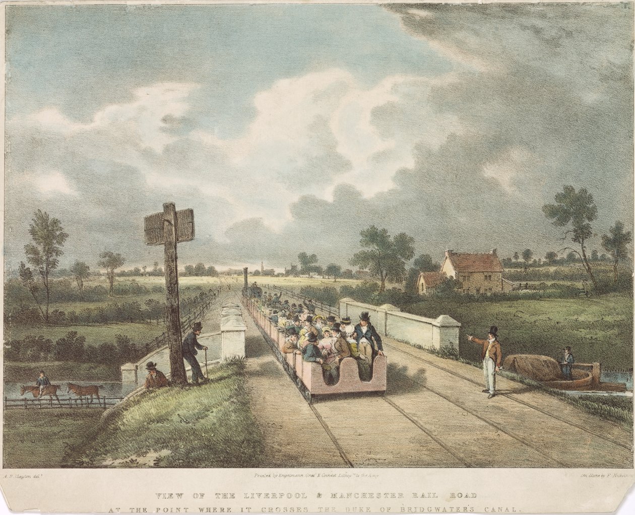 Udsigt over Liverpool & Manchester Rail Road ved det punkt, hvor den krydser Duke of Bridgewaters Canal, indgraveret af A.B. Clayton, 1831 af F. after Nicholson