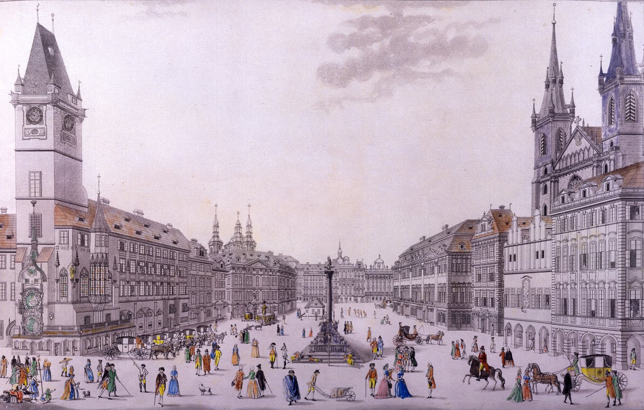 Old Town Square, Prag (farvet ætsning og kobbergravering) af F. and Heger, P. Heger